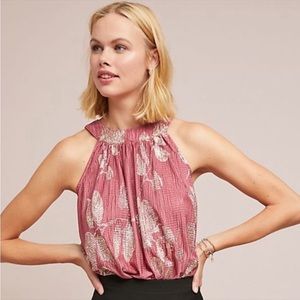 FEATHER BONE BY ANTHROPOLOGIE Pink With Gold Metallic Floral Print Halter Top